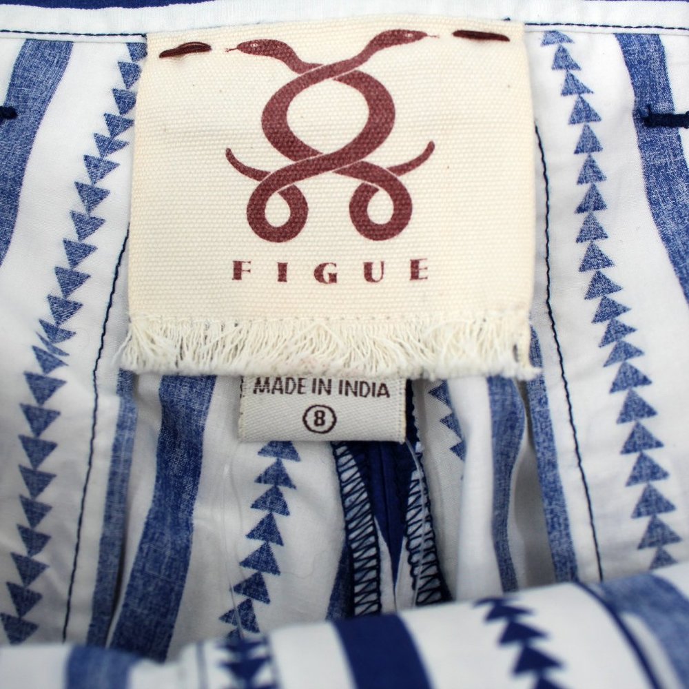 FIGUE Zuri Pants Blue White  Striped Cotton Tassel Mid-rise Casual Pockets SZ 8 - Picture 4 of 11